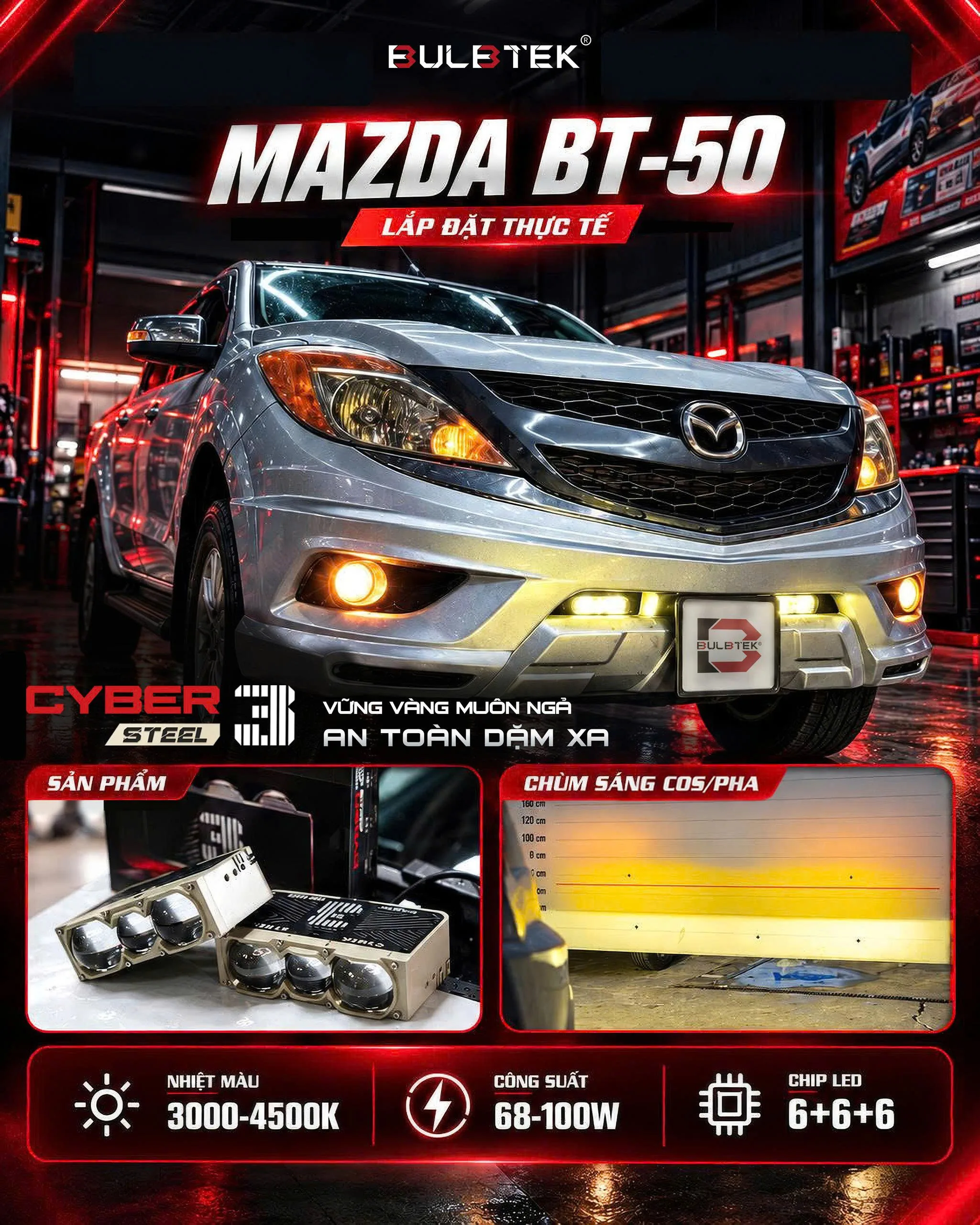 Đèn trợ sáng Cyber 3 Steel lắp trên Mazda BT-50